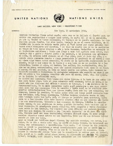 [Carta] 1950 noviembre 15, Nueva York [a] Humberto Díaz-Casanueva  [manuscrito] Rosamel del Valle.