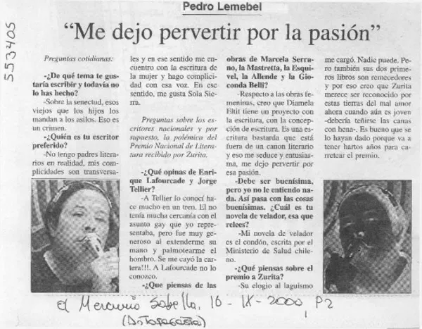 Me dejo pervertir por la pasión [entrevista] [artículo] :