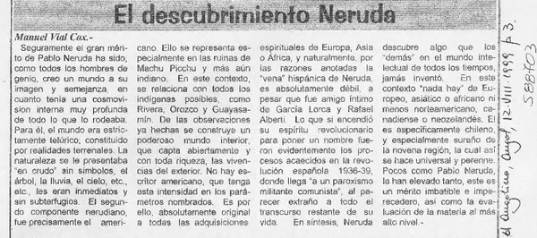 El descubrimiento Neruda  [artículo] Manuel Vial Cox