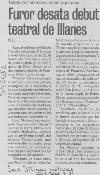 Furor desata debut teatral de Illanes  [artículo] M. S.