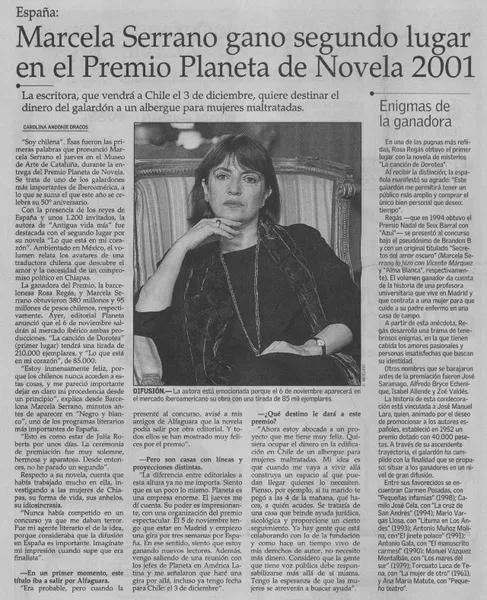 Marcela Serrano ganó segundo lugar en el Premio Planeta de Novela 2001  [artículo] Carolina Andonie Dracos