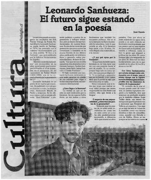 Leonardo Sanhueza, el futuro sigue estando en la poesía  [artículo] José Osorio