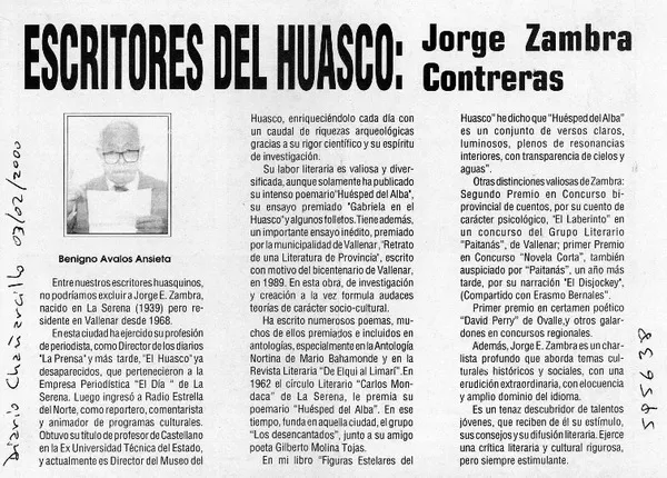 Escritores del Huasco, Jorge Zambra Contreras  [artículo] Benigno Ávalos Ansieta