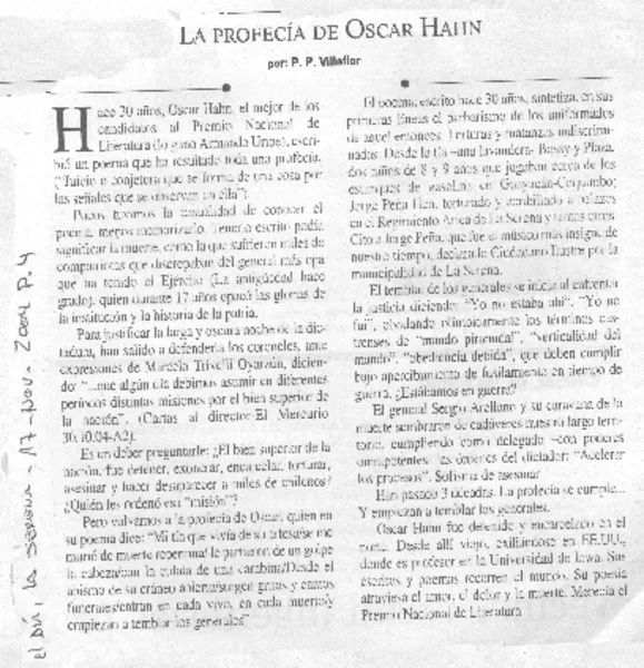 La Profecía de Oscar Hahn  [artículo] P. P. Villaflor