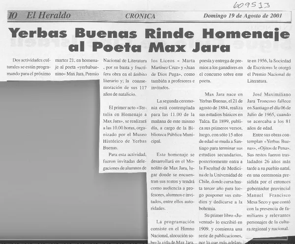 Yerbas Buenas rinde homenaje al poeta Max Jara  [artículo]