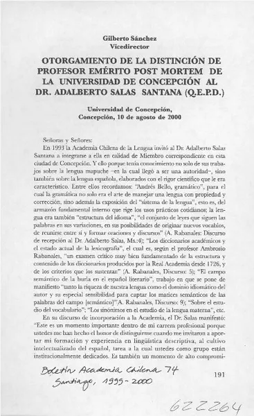 Otorgamiento de la distinción de profesor emérito post mortem de la Universidad de Concepción al Dr. Adalberto Salas Santana (Q.E.P.D.)  [artículo] Gilberto Sánchez