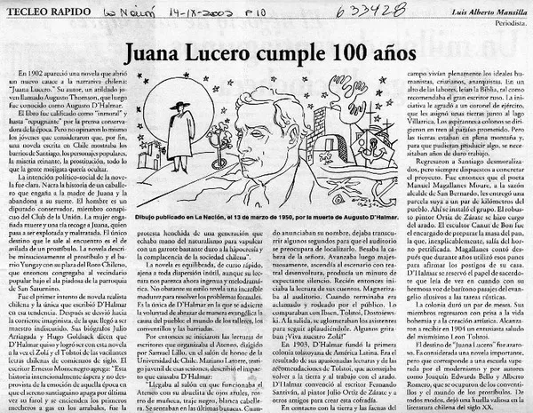 Juana Lucero cumple 100 años  [artículo] Luis Alberto Mansilla