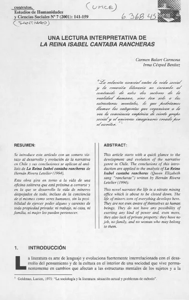 Una lectura interpretativa de La Reina Isabel cantaba rancheras  [artículo] Carmen Balart Carmona <y> Irma Césped Benítez