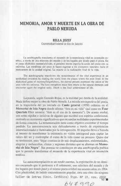 Memoria, amor y muerte en la obra de Pablo Neruda  [artículo] Bella Jozef