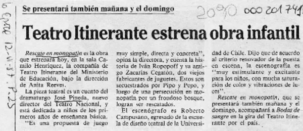 Teatro itinerante estrena obra infantil  [artículo].