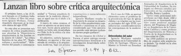 Lanzan libro sobre crítica arquitectónica  [artículo].