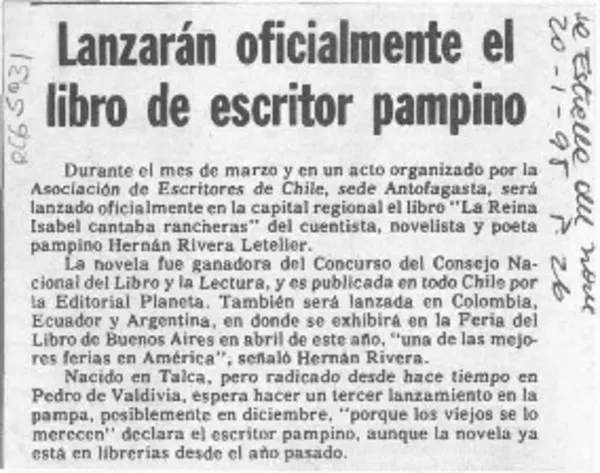 Lanzarán oficialmente el libro de escritor pampino  [artículo].
