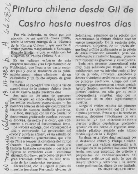 Pintura chilena desde Gil de Castro hasta nuestros días  [artículo] Enrique Melcherts.