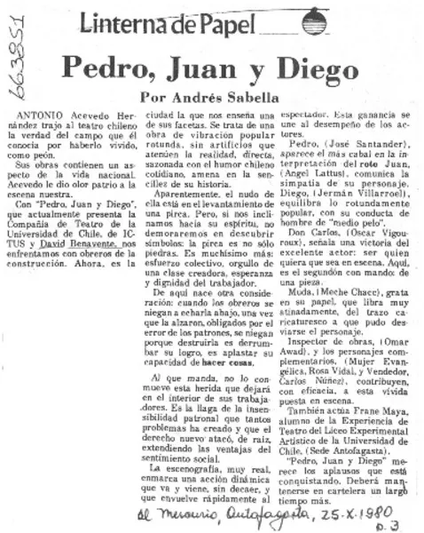Pedro, Juan y Diego  [artículo] Andrés Sabella.