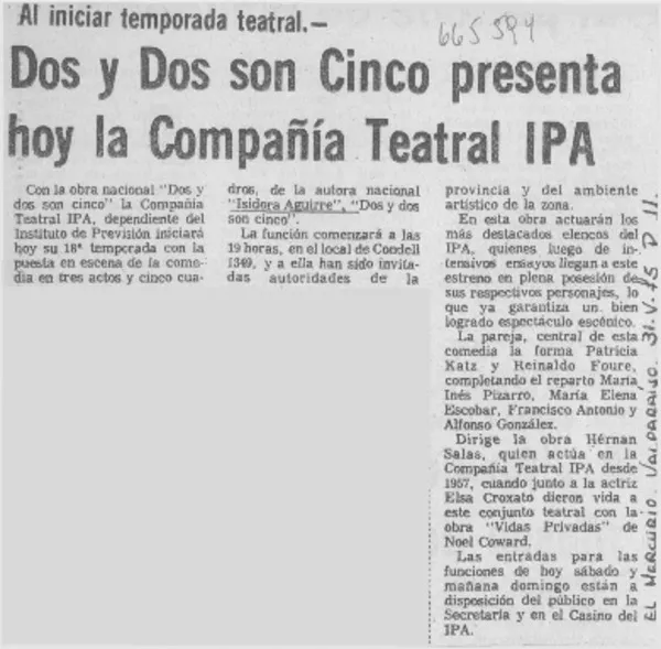 "Dos y dos son cinco" presenta hoy la Compañía Teatral IPA.  [artículo]