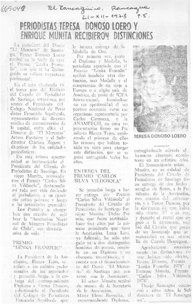 Periodistas Teresa Donoso Loero y Enrique Munita recibieron distinciones.  [artículo]
