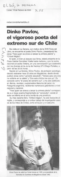 Dinko Pavlov, el vigoroso poeta del extremo sur de Chile.  [artículo]