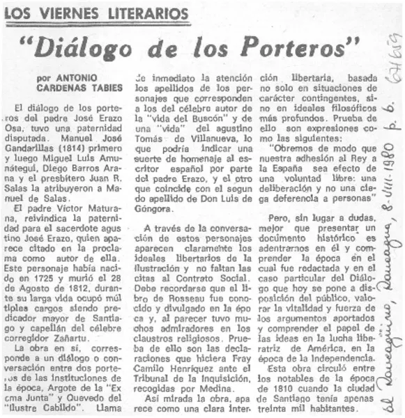 "Diálogo de los porteros"  [artículo] Antonio Cárdenas Tabies.
