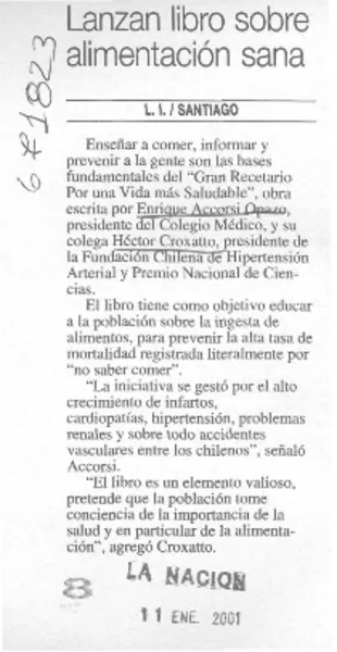 Lanzan libro sobre alimentación sana  [artículo] L. I.