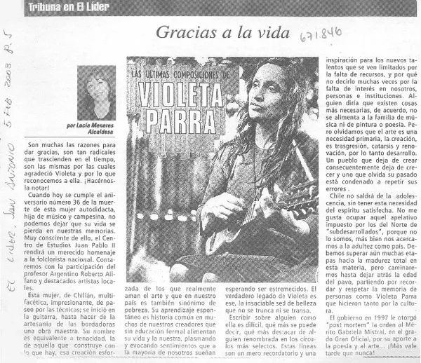 Gracias a la vida  [artículo] Lucía Menares.