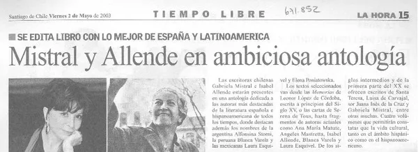 Mistral y Allende en ambiciosa antología.  [artículo]