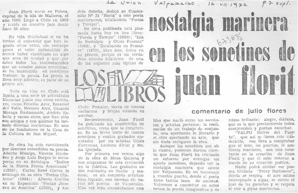 Nostalgia marinera en los sonetines de Juan Florit : [comentario] [artículo] Julio Flores.