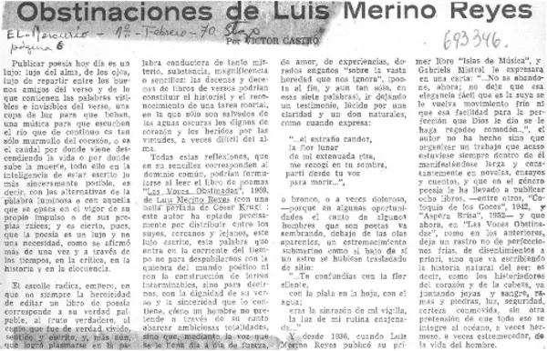 Obstinaciones de Luis Merino Reyes  [artículo] Víctor Castro.