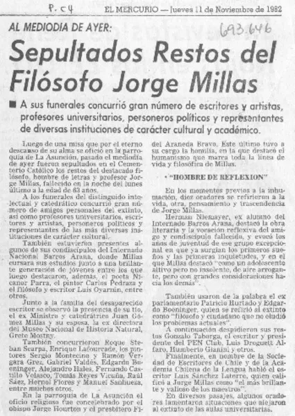 Sepultados restos del filósofo Jorge Millas  [artículo]