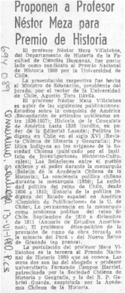Proponen a profesor Néstor Meza para premio de historia.  [artículo]