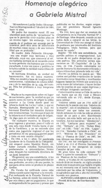 Homenaje alegórico a Gabriela Mistral  [artículo] Alfonso Larrahona Kästen.
