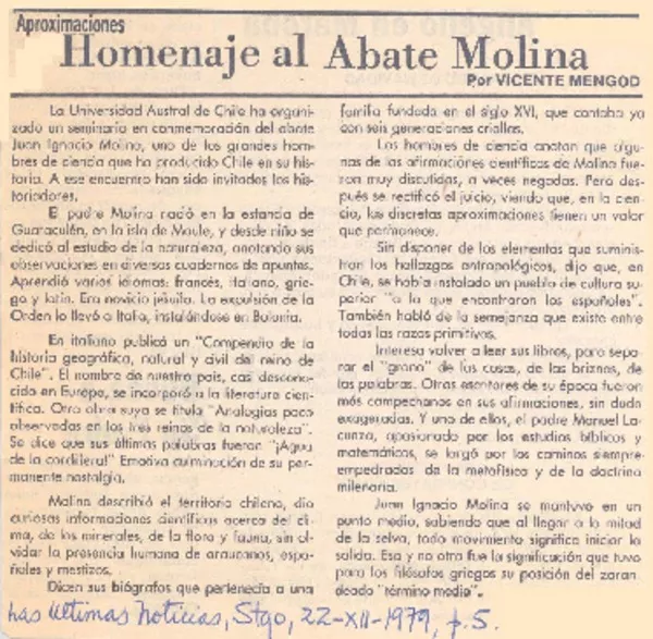 Homenaje al Abate Molina  [artículo] Vicente Mengod.