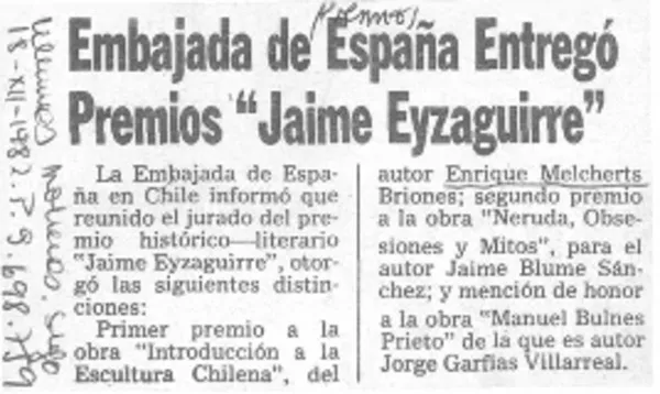 Embajada de España entregó premios "Jaime Eyzaguirre".  [artículo]
