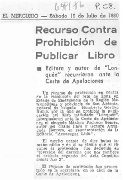 Recurso contra prohibición de publicar libro.  [artículo]
