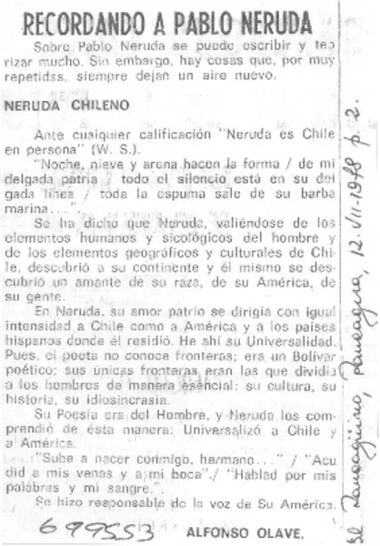 Recordando a Pablo Neruda  [artículo] Alfonso Olave.