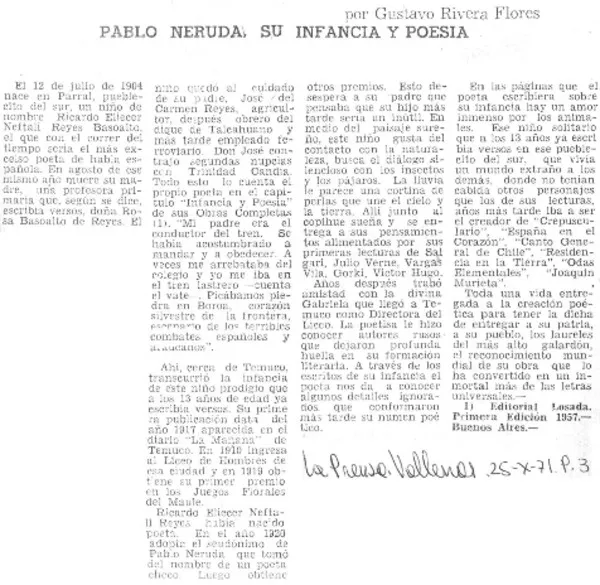 Pablo Neruda, su infancia y poesía  [artículo] Gustavo Rivera Flores.