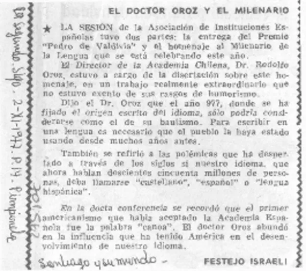 El doctor Oroz y el milenario  [artículo] Festejo Israelí.