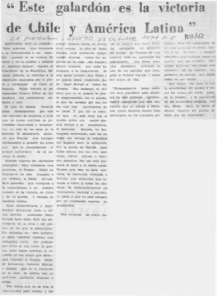 "Este galardón es la victoria de Chile y América Latina".  [artículo]