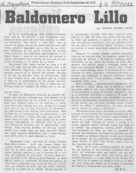 Baldomero Lillo  [artículo] Marino Muñoz Lagos.