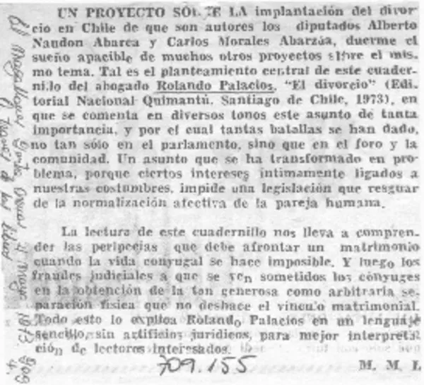 Un proyecto sobre la implantación del divorcio en Chile.  [artículo]