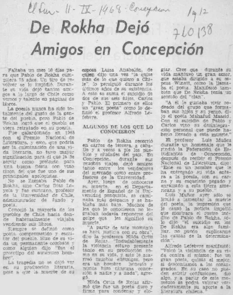De Rokha dejó amigos en Concepción.  [artículo]