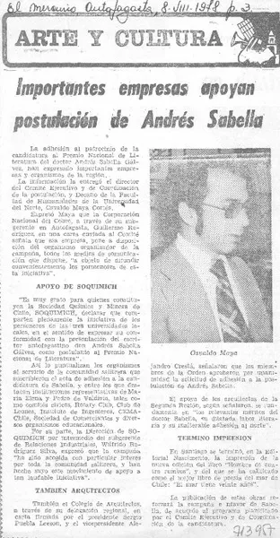 Importantes empresas apoyan postulación de Andrés Sabella.  [artículo]