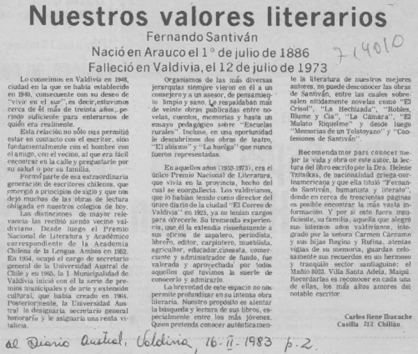 Nuestros valores literarios  [artículo] Carlos René Ibacache.