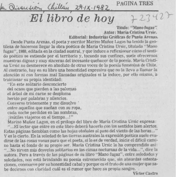 Mano fugaz"  [artículo] Víctor Castro.
