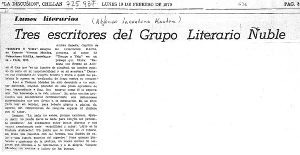 Tres escritores del grupo literario Ñuble  [artículo] Alfonso Larrahona Kästen.