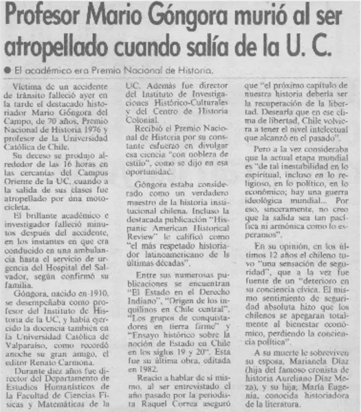 Profesor Mario Góngora murió al ser atropellado cuando salía de la U. C.  [artículo]
