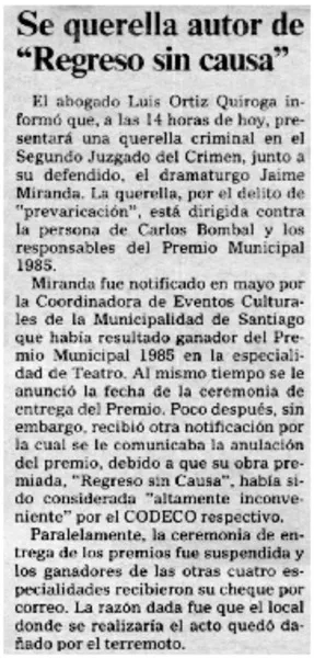 Se querella autor de "Regreso sin causa".  [artículo]