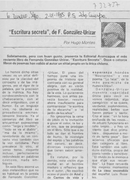 Escritura secreta", de F. González-Urízar  [artículo] Hugo Montes.