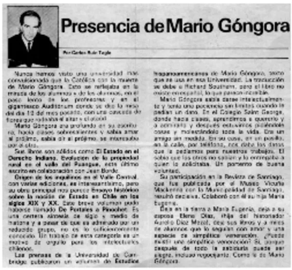 Presencia de Mario Góngora  [artículo] Carlos Ruiz Tagle.