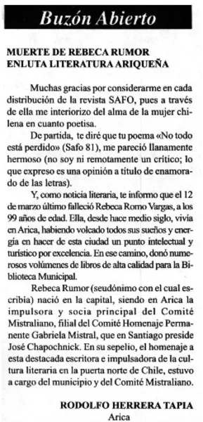 Muerte de Rebeca Rumor enluta literatura ariqueña  [artículo] Rodolfo Herrera Tapia.