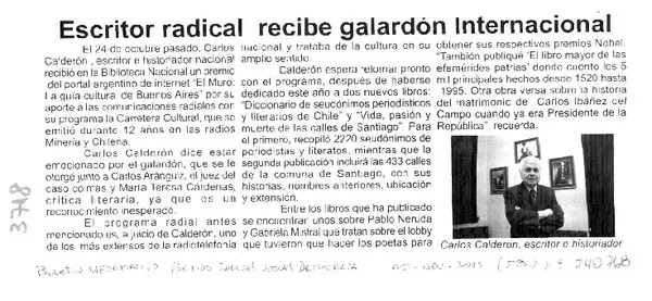 Escritor radical recibe galardón internacional.  [artículo]